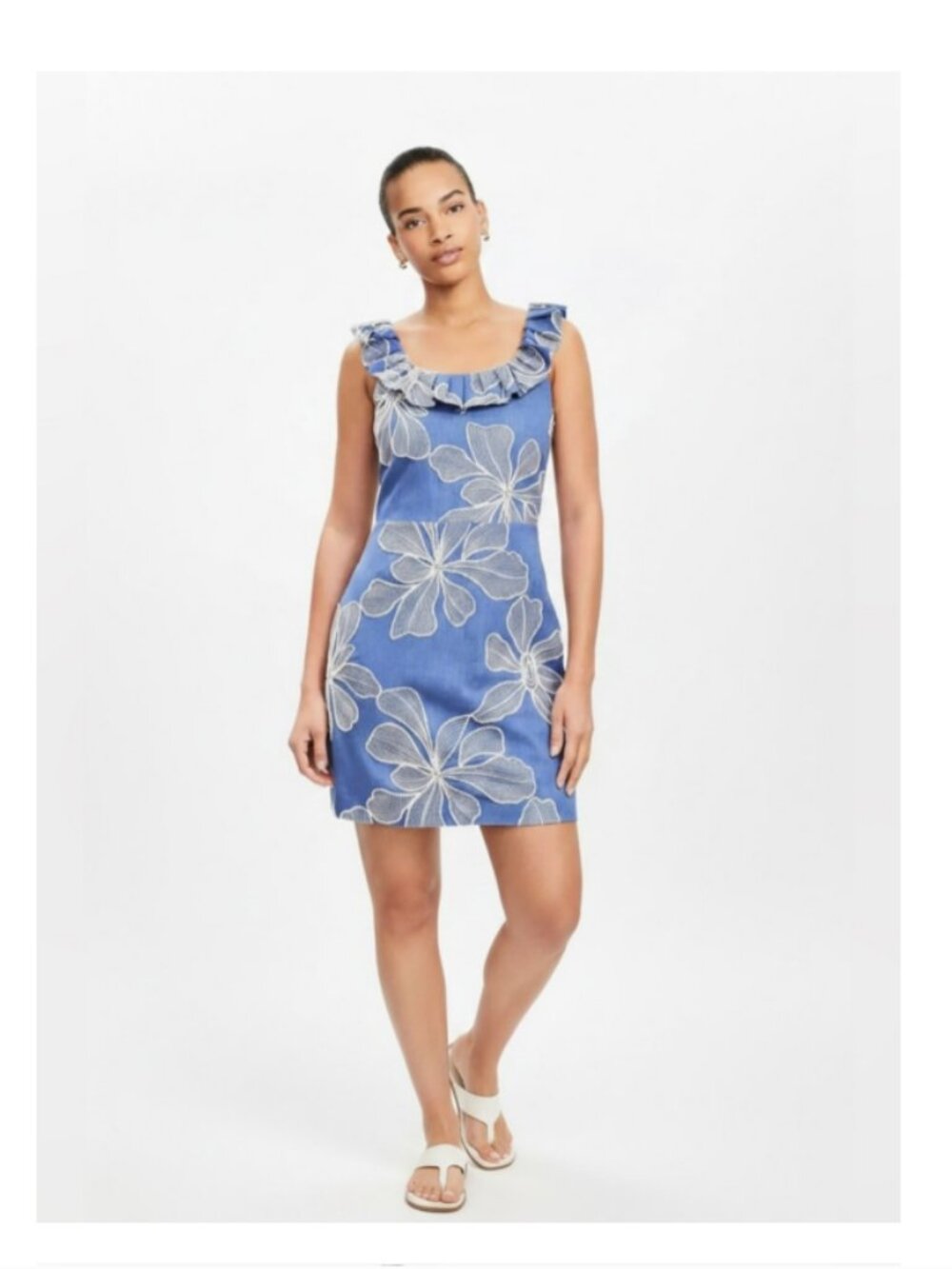 Loft Blue w/ Creme Floral Embroidered Ruffle Neckline Mini Dress - Size 10